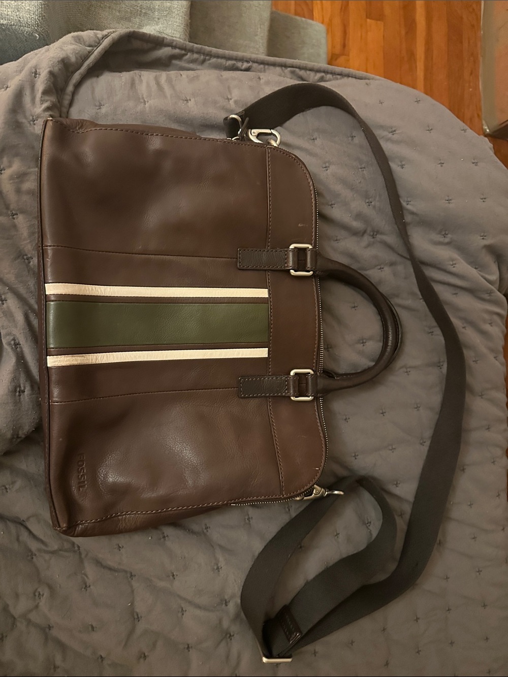 Fossil Brown Leather Briefcase with Green and Cream Center Stripe